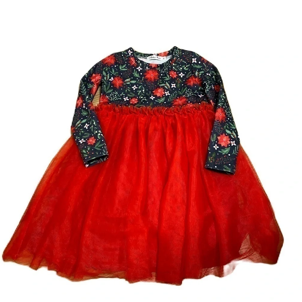 Winter Tulle Dress Sz 4 Girls Christmas Red Green Poinsettia Long Sleeve Kids